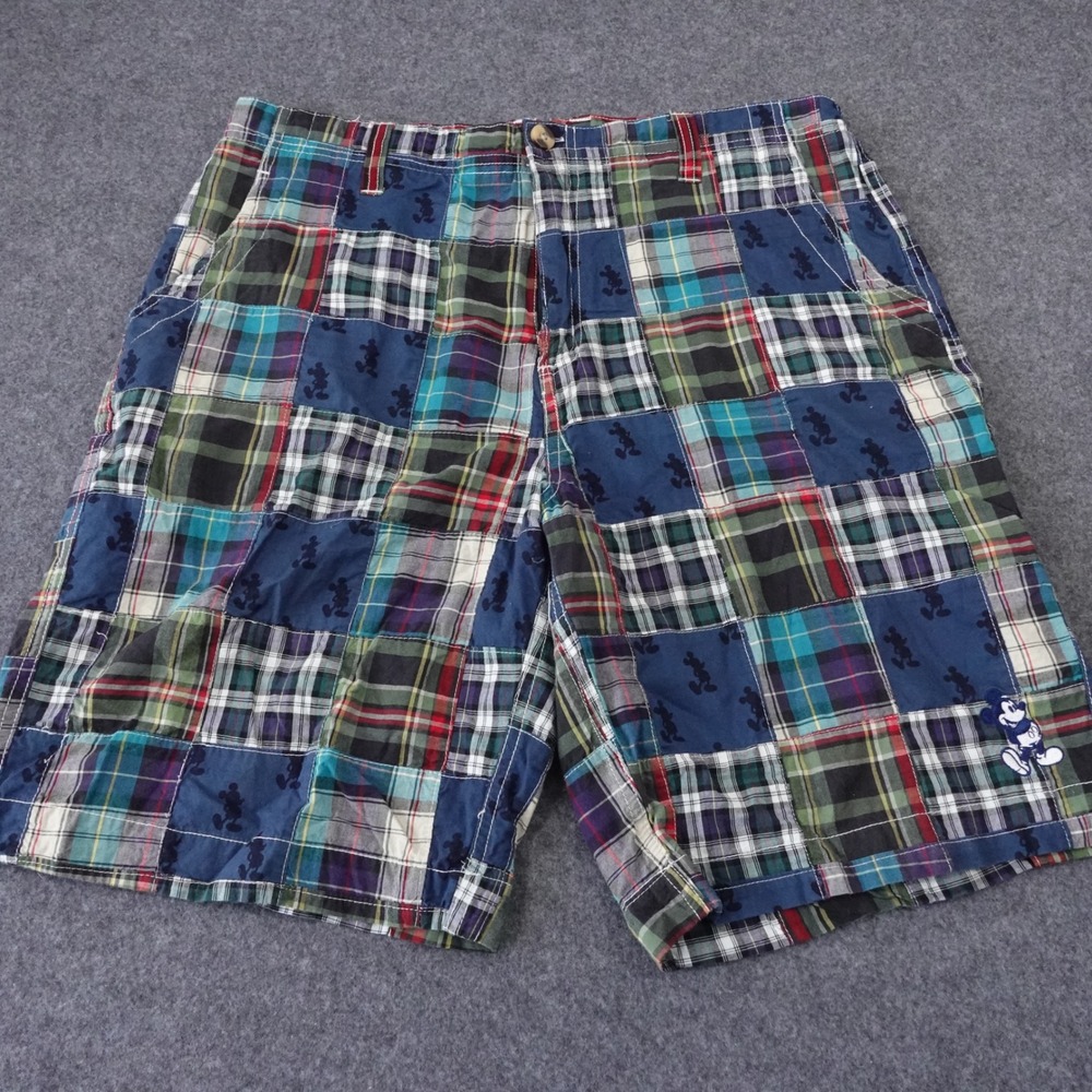 Walt Disney World Mens Mickey Mouse Patchwork Plaid Madras Shorts Size 36 Blue